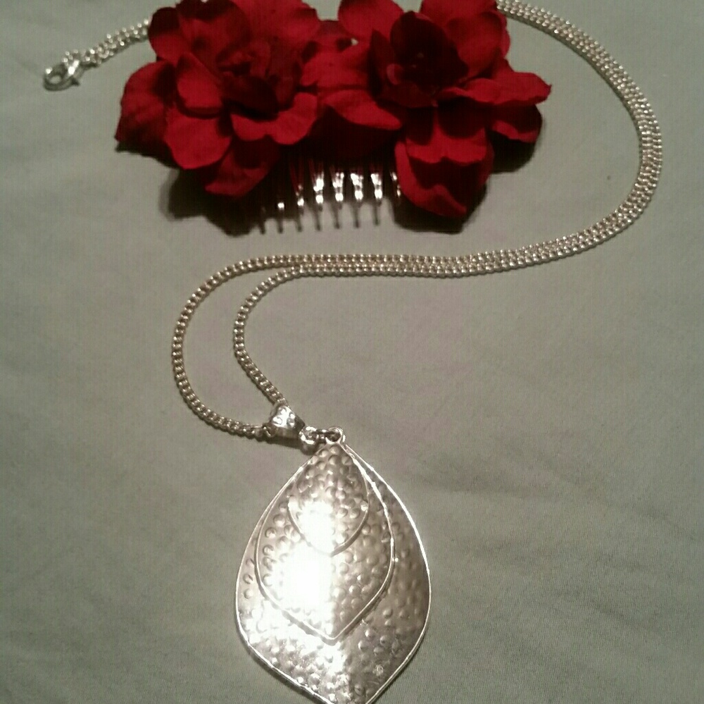Hammered silver tone long leaf necklace